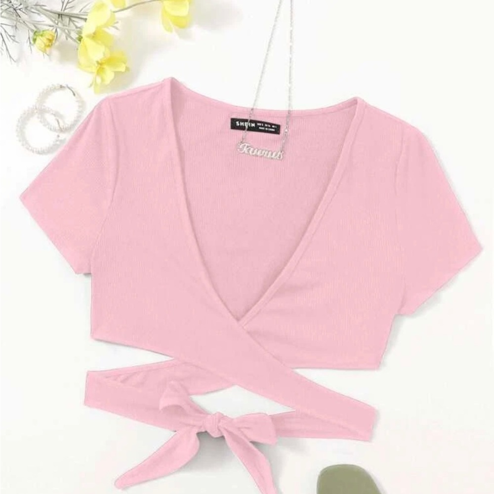 Light pink shein cross tie crop top